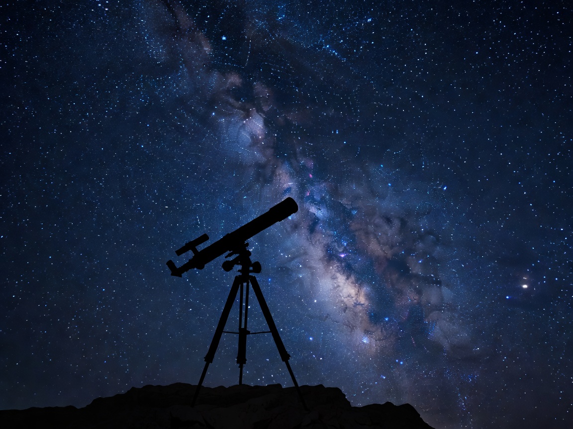 Silhouette of a telescope pointed at the starry sky